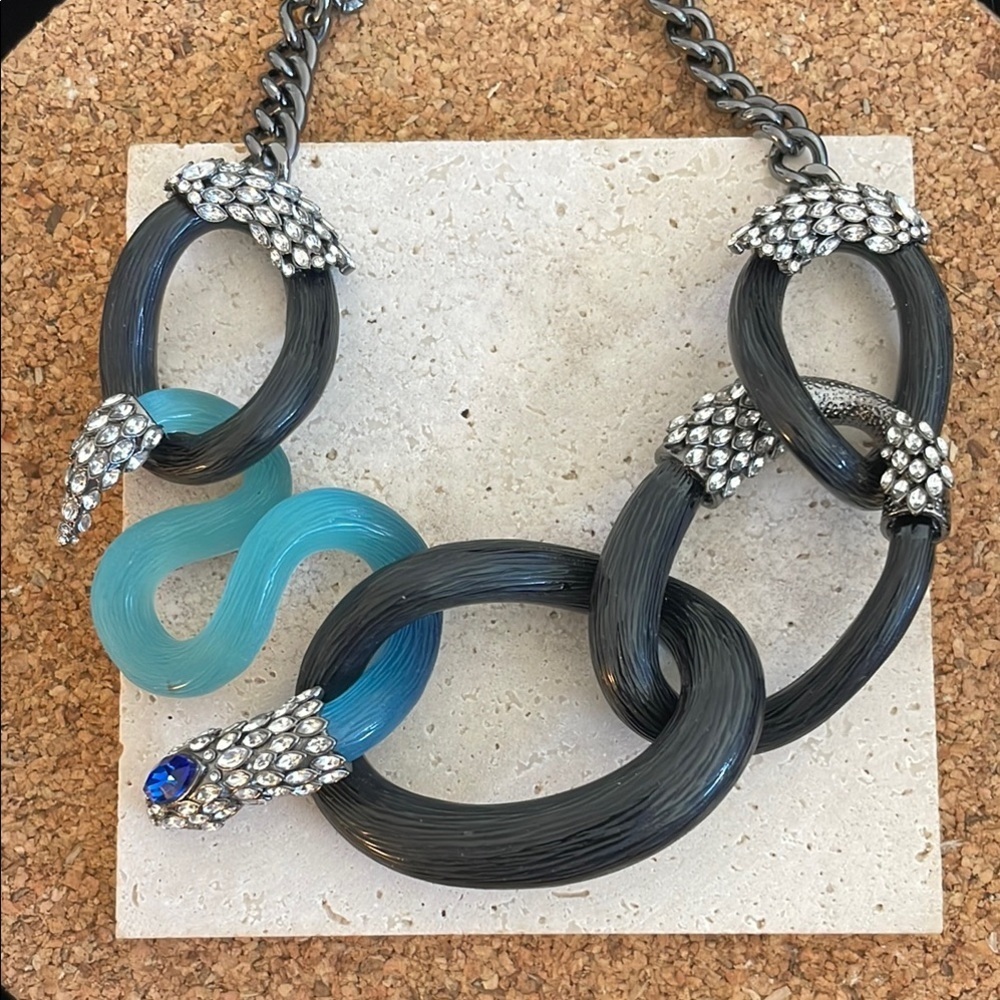 Alexis Bittar Snake Link Necklace Black Lucite Blue Crystal Statement Collar - Picture 6 of 10
